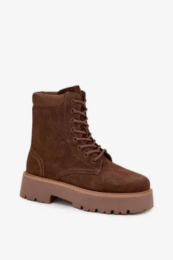 Outlet Zamszowe Botki Workery Damskie Sznurowane Big Star SS274792 Brązowe Damskie Botki Ocieplane|Damskie Trapery