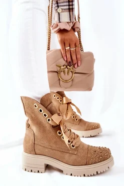 Sale Boto Zamszowe Botki Workery Lewski Shoes Wiązane 3069 Piaskowe