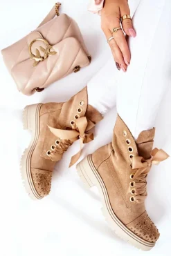 Sale Boto Zamszowe Botki Workery Lewski Shoes Wiązane 3069 Piaskowe