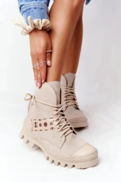 Best Zamszowe Botki Workery Lewski Shoes 2942-0 Jasny Beż Damskie Botki Wiosenne|Botki Sznurowane