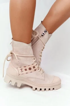 Best Zamszowe Botki Workery Lewski Shoes 2942-0 Jasny Beż Damskie Botki Wiosenne|Botki Sznurowane