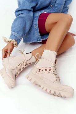 Best Zamszowe Botki Workery Lewski Shoes 2942-0 Jasny Beż Damskie Botki Wiosenne|Botki Sznurowane