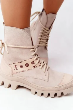 Best Zamszowe Botki Workery Lewski Shoes 2942-0 Jasny Beż Damskie Botki Wiosenne|Botki Sznurowane