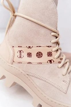 Best Zamszowe Botki Workery Lewski Shoes 2942-0 Jasny Beż Damskie Botki Wiosenne|Botki Sznurowane