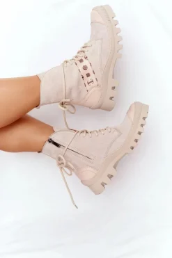 Best Zamszowe Botki Workery Lewski Shoes 2942-0 Jasny Beż Damskie Botki Wiosenne|Botki Sznurowane