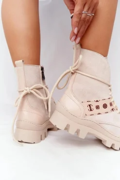 Best Zamszowe Botki Workery Lewski Shoes 2942-0 Jasny Beż Damskie Botki Wiosenne|Botki Sznurowane