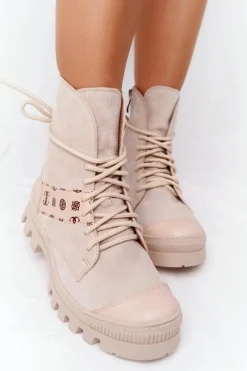 Best Zamszowe Botki Workery Lewski Shoes 2942-0 Jasny Beż Damskie Botki Wiosenne|Botki Sznurowane