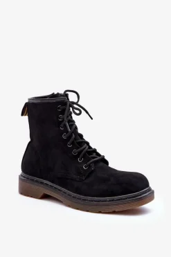 Czarne Botki|Botki Zimowe Damskie>Boto Zamszowe Botki Workery Na Płaskim Obcasie Czarne Asteoris Czarny