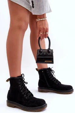 Czarne Botki|Botki Zimowe Damskie>Boto Zamszowe Botki Workery Na Płaskim Obcasie Czarne Asteoris Czarny