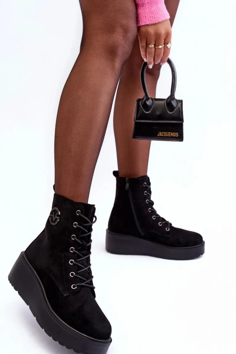 Sale Zamszowe Botki Workery Na Masywnej Platformie Koturnie Czarne Lavica Damskie Botki Na Koturnie|Czarne Botki