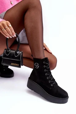 Sale Zamszowe Botki Workery Na Masywnej Platformie Koturnie Czarne Lavica Damskie Botki Na Koturnie|Czarne Botki