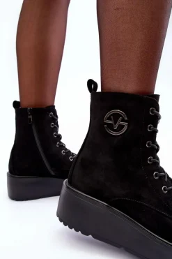 Sale Zamszowe Botki Workery Na Masywnej Platformie Koturnie Czarne Lavica Damskie Botki Na Koturnie|Czarne Botki