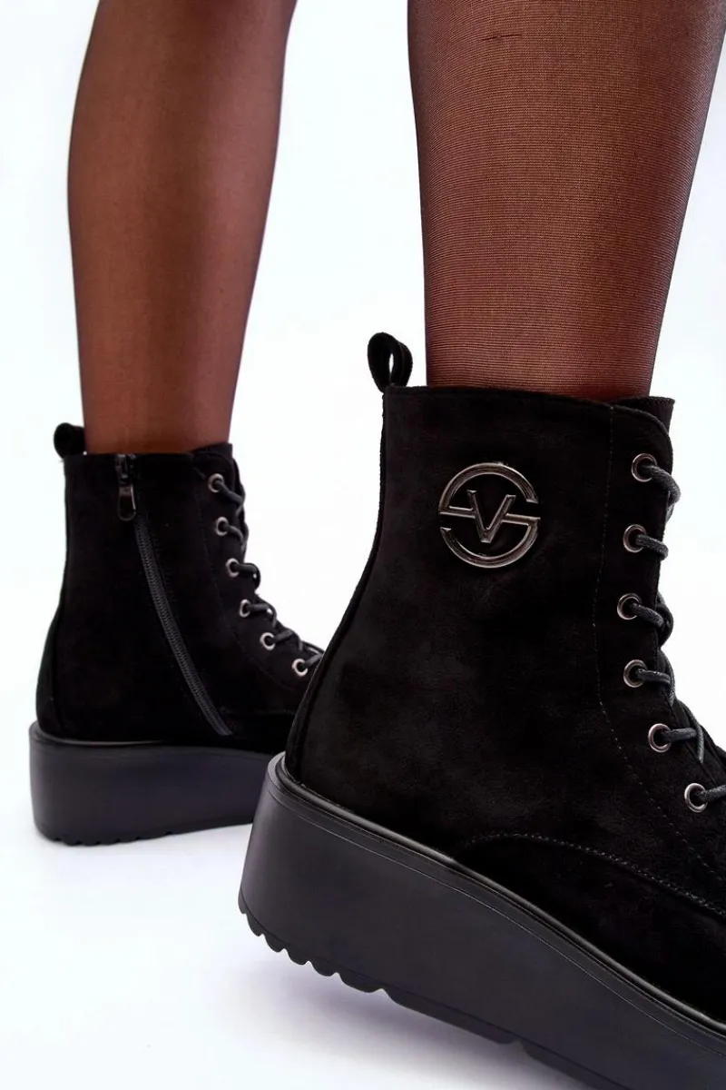 Sale Zamszowe Botki Workery Na Masywnej Platformie Koturnie Czarne Lavica Damskie Botki Na Koturnie|Czarne Botki