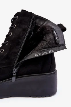 Sale Zamszowe Botki Workery Na Masywnej Platformie Koturnie Czarne Lavica Damskie Botki Na Koturnie|Czarne Botki
