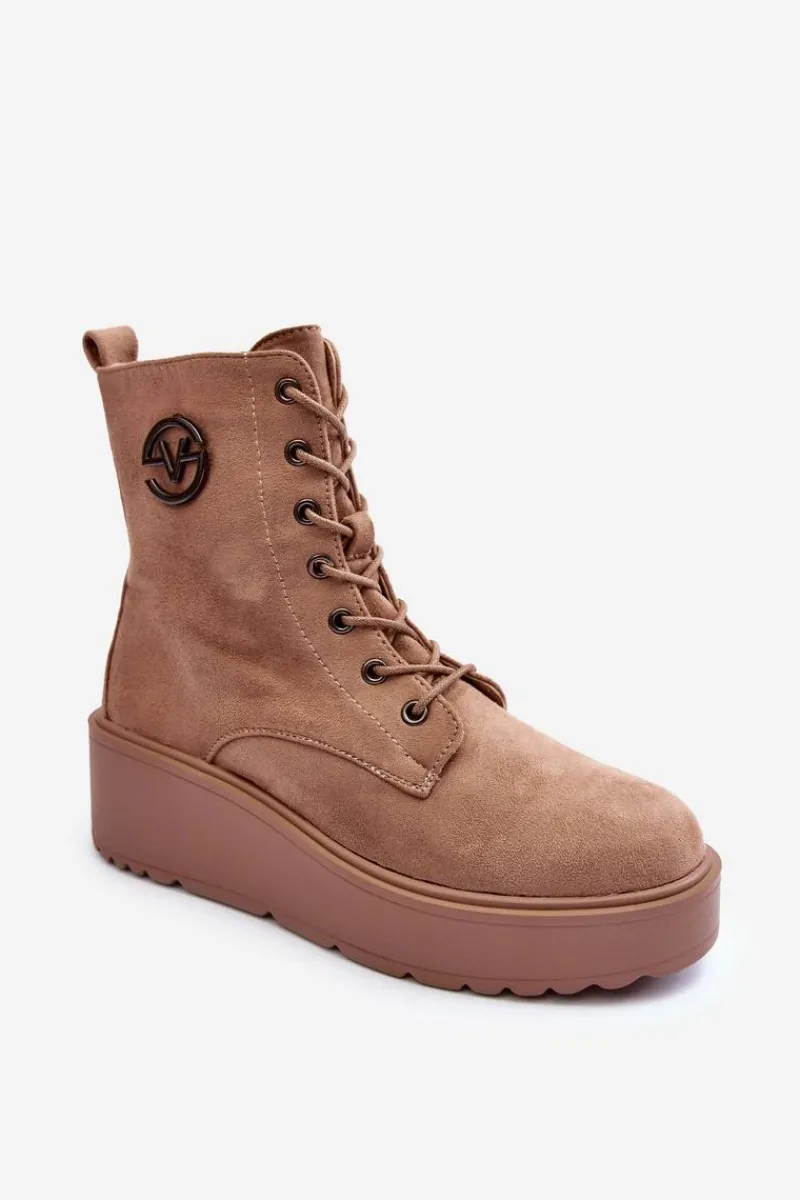 Sale Zamszowe Botki Workery Na Masywnej Platformie Koturnie Beżowe Lavica Damskie Botki Na Koturnie|Botki Ocieplane