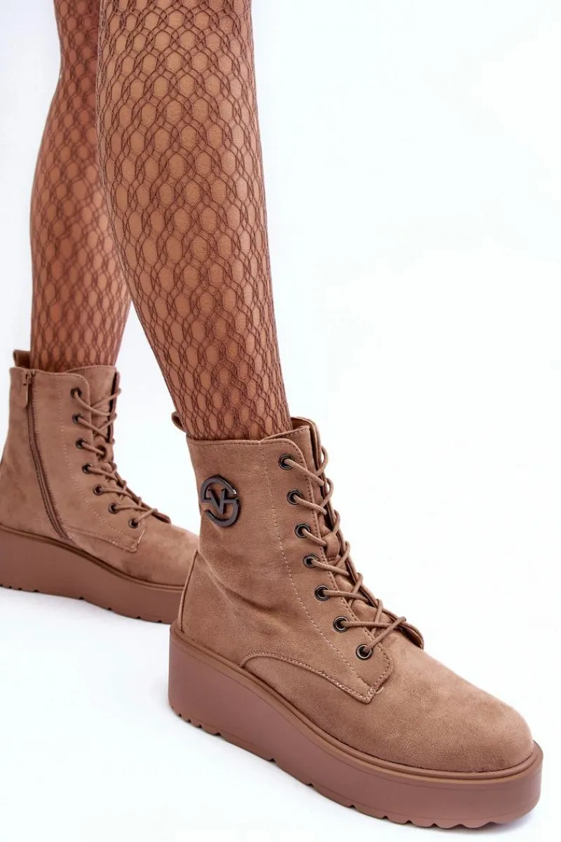 Sale Zamszowe Botki Workery Na Masywnej Platformie Koturnie Beżowe Lavica Damskie Botki Na Koturnie|Botki Ocieplane