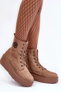 Sale Zamszowe Botki Workery Na Masywnej Platformie Koturnie Beżowe Lavica Damskie Botki Na Koturnie|Botki Ocieplane