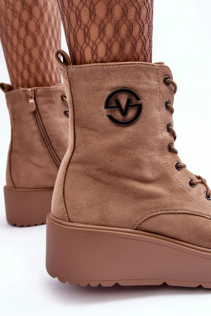 Sale Zamszowe Botki Workery Na Masywnej Platformie Koturnie Beżowe Lavica Damskie Botki Na Koturnie|Botki Ocieplane