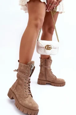 Botki Ocieplane|Botki Sznurowane>Boto Zamszowe Botki Workery Z Biżuteryjną Ozdobą Ciemnobeżowe Marx Beżowy