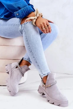 Botki Płaskie|Botki Workery>Boto Zamszowe Botki Workery Z Paskami Szare Moriah