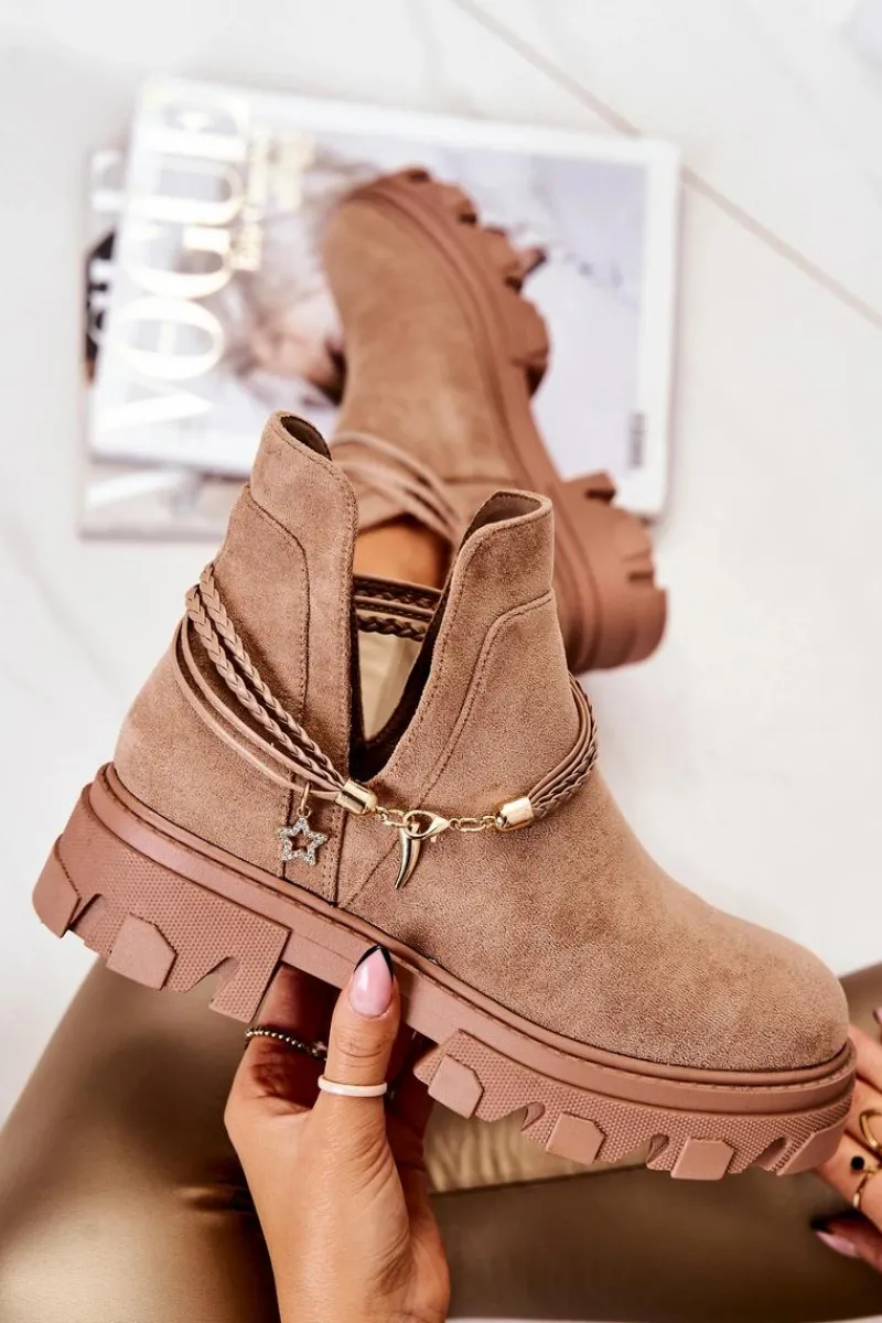 Brązowe I Beżowe Botki|Botki Płaskie>Boto Zamszowe Botki Workery Z Paskami Beżowe Moriah