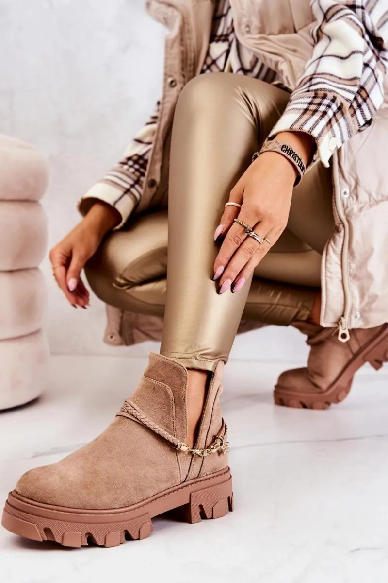 Brązowe I Beżowe Botki|Botki Płaskie>Boto Zamszowe Botki Workery Z Paskami Beżowe Moriah