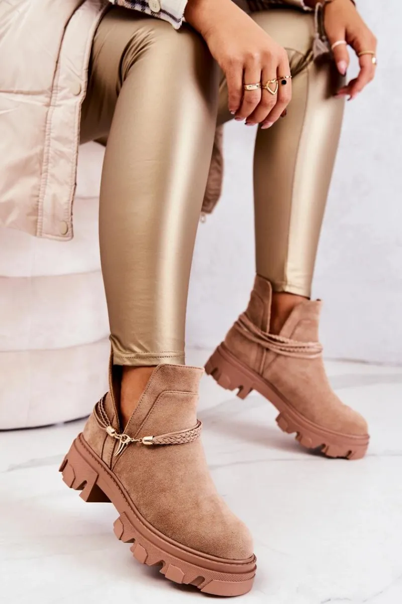 Brązowe I Beżowe Botki|Botki Płaskie>Boto Zamszowe Botki Workery Z Paskami Beżowe Moriah