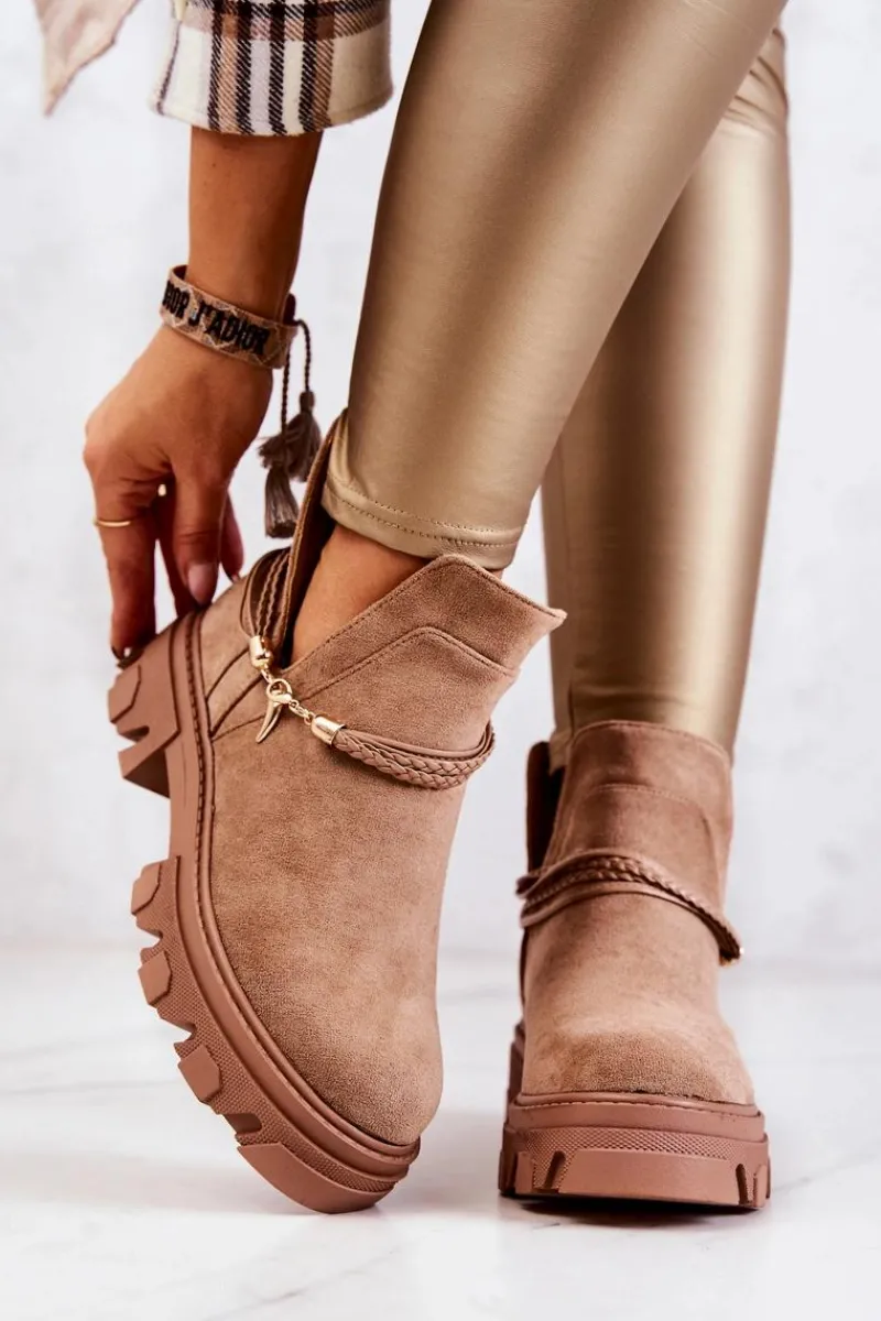 Brązowe I Beżowe Botki|Botki Płaskie>Boto Zamszowe Botki Workery Z Paskami Beżowe Moriah