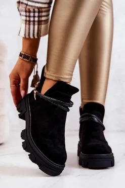 Czarne Botki|Botki Płaskie>Boto Zamszowe Botki Workery Z Paskami Czarne Moriah