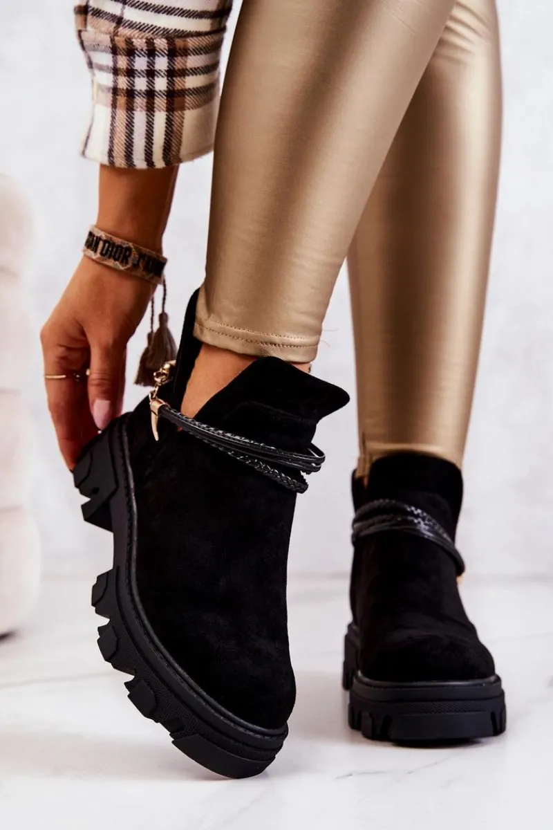 Czarne Botki|Botki Płaskie>Boto Zamszowe Botki Workery Z Paskami Czarne Moriah