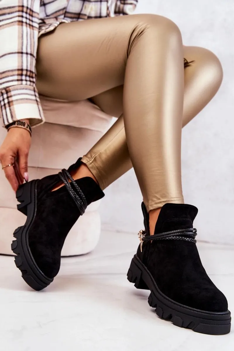 Czarne Botki|Botki Płaskie>Boto Zamszowe Botki Workery Z Paskami Czarne Moriah