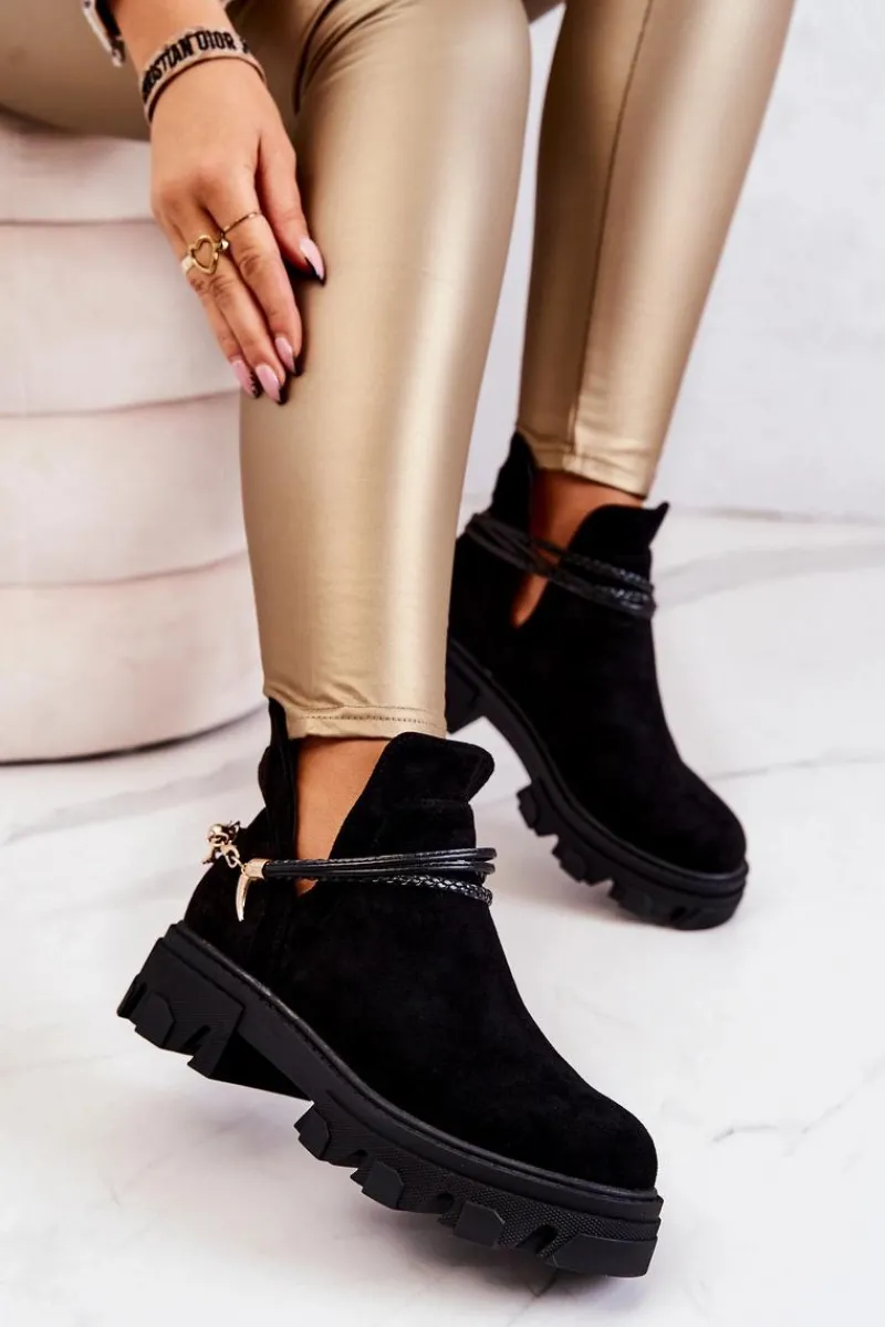 Czarne Botki|Botki Płaskie>Boto Zamszowe Botki Workery Z Paskami Czarne Moriah