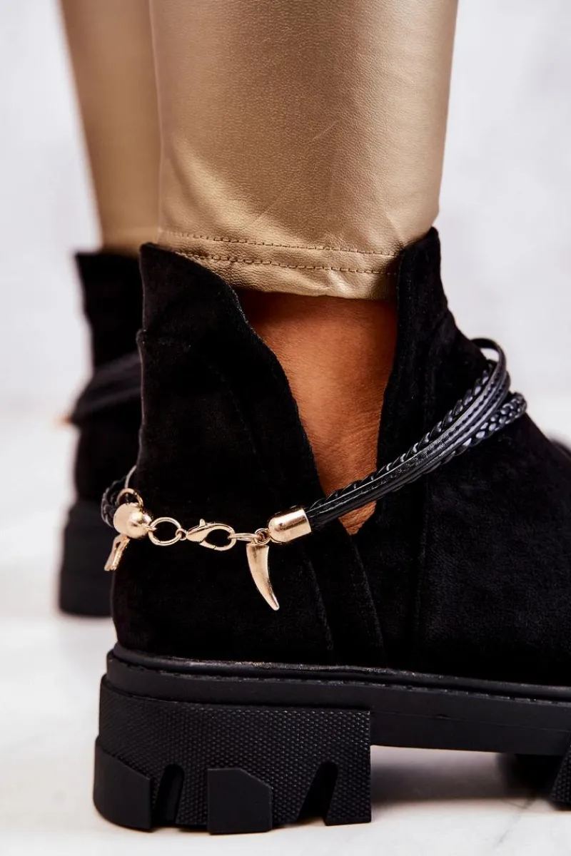 Czarne Botki|Botki Płaskie>Boto Zamszowe Botki Workery Z Paskami Czarne Moriah