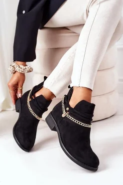 Outlet Zamszowe Botki Z Łańcuszkiem Czarne Elvira Damskie Czarne Botki|Botki Zamszowe