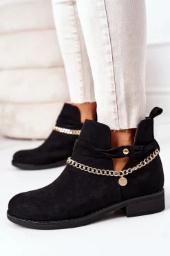 Outlet Zamszowe Botki Z Łańcuszkiem Czarne Elvira Damskie Czarne Botki|Botki Zamszowe