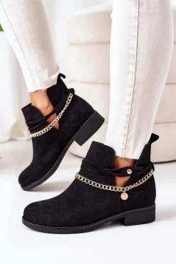 Outlet Zamszowe Botki Z Łańcuszkiem Czarne Elvira Damskie Czarne Botki|Botki Zamszowe