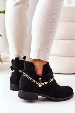 Outlet Zamszowe Botki Z Łańcuszkiem Czarne Elvira Damskie Czarne Botki|Botki Zamszowe