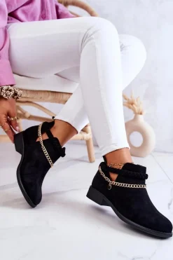 Discount Boto Zamszowe Botki Z Łańcuszkiem Czarne Talitha