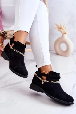 Discount Boto Zamszowe Botki Z Łańcuszkiem Czarne Talitha