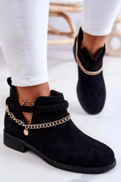 Discount Boto Zamszowe Botki Z Łańcuszkiem Czarne Talitha