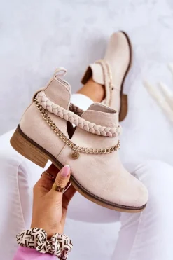 Best Zamszowe Botki Z Łańcuszkiem Beżowe Talitha Damskie Botki Wiosenne|Czarne Botki