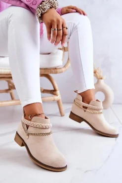 Best Zamszowe Botki Z Łańcuszkiem Beżowe Talitha Damskie Botki Wiosenne|Czarne Botki