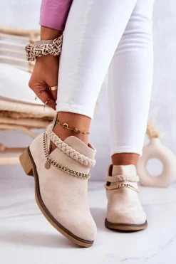 Best Zamszowe Botki Z Łańcuszkiem Beżowe Talitha Damskie Botki Wiosenne|Czarne Botki