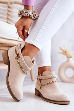 Best Zamszowe Botki Z Łańcuszkiem Beżowe Talitha Damskie Botki Wiosenne|Czarne Botki