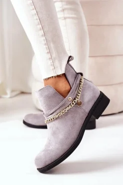 Czarne Botki|Botki Zamszowe>Boto Zamszowe Botki Z Łańcuszkiem Szare Elvira