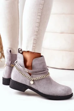 Czarne Botki|Botki Zamszowe>Boto Zamszowe Botki Z Łańcuszkiem Szare Elvira