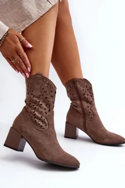 New Boto Zamszowe Botki Z Ażurową Cholewką Na Klocku Brązowe Irvelame