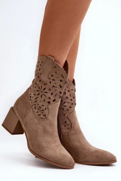 New Zamszowe Botki Z Ażurową Cholewką Na Klocku Ciemnobeżowe Irvelame Damskie Botki Wiosenne|Botki Ażurowe