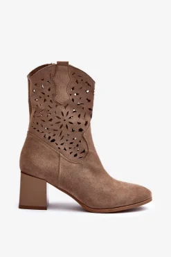 New Zamszowe Botki Z Ażurową Cholewką Na Klocku Ciemnobeżowe Irvelame Damskie Botki Wiosenne|Botki Ażurowe