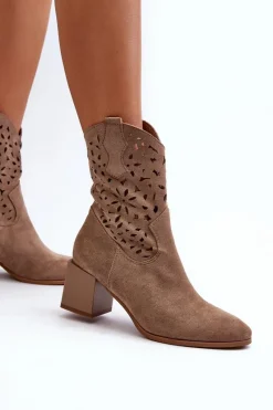 New Zamszowe Botki Z Ażurową Cholewką Na Klocku Ciemnobeżowe Irvelame Damskie Botki Wiosenne|Botki Ażurowe